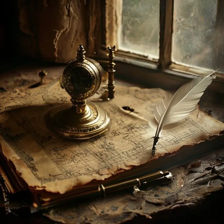 Cinematic still life of an antique brass astrolabe resting on a stack of aged, leather-bound astrology texts. A quill pen and an open parchment scroll with faint celestial diagrams are beside it. Soft, dramatic chiaroscuro lighting from a distant window, emphasizing texture and history.