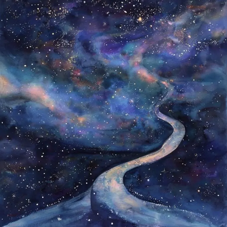 Abstract watercolor painting depicting a winding, illuminated path through a dark, swirling cosmic landscape. Stars and nebulae form a unique, intricate pattern above the path, symbolizing an individual's unique destiny or journey. Soft, blending colors with subtle gradients.