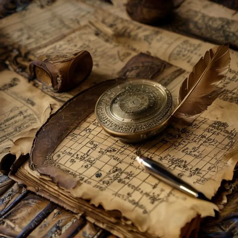A vintage photograph of an antique brass astrolabe on a worn leather book, surrounded by old, curled parchment papers with astrological symbols and handwritten calculations, with a feather quill nearby, highlighting the historical tools of astrology.