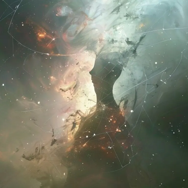 Conceptual art depicting a fragmented human silhouette against a backdrop of swirling cosmic dust and abstract, glowing zodiac constellations, symbolizing the deep connection between individual identity and the vastness of the universe, with soft, ambient lighting.