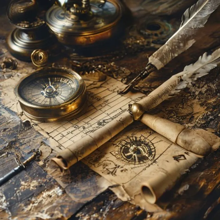 Vintage astronomical tools like an astrolabe and compass on an aged wooden desk.
