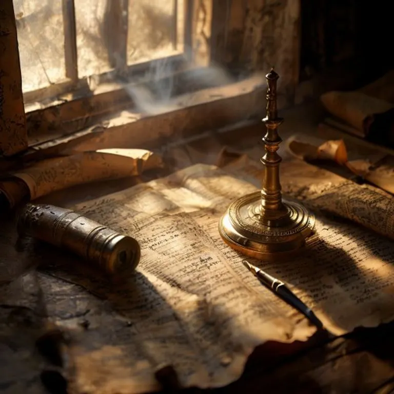 Cinematic still life featuring a vintage brass astrolabe resting on an ancient, leather-bound astrology book, illuminated by a soft light. Scattered parchment scrolls and a quill pen complete the scene, emphasizing historical astrological tools.