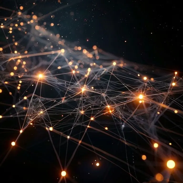 Conceptual 3D render of glowing geometric lines forming a complex, interconnected web with luminous spheres at intersection points, set against a dark, infinite cosmic background. The lines symbolize flowing energies and destiny.