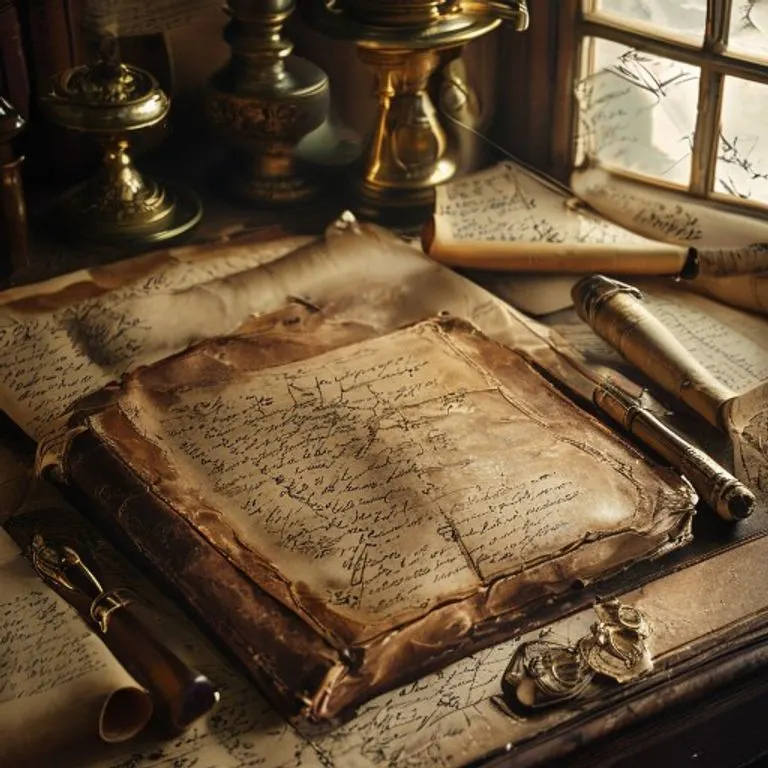 Vintage astrology book with astrolabe and scrolls on a wooden desk