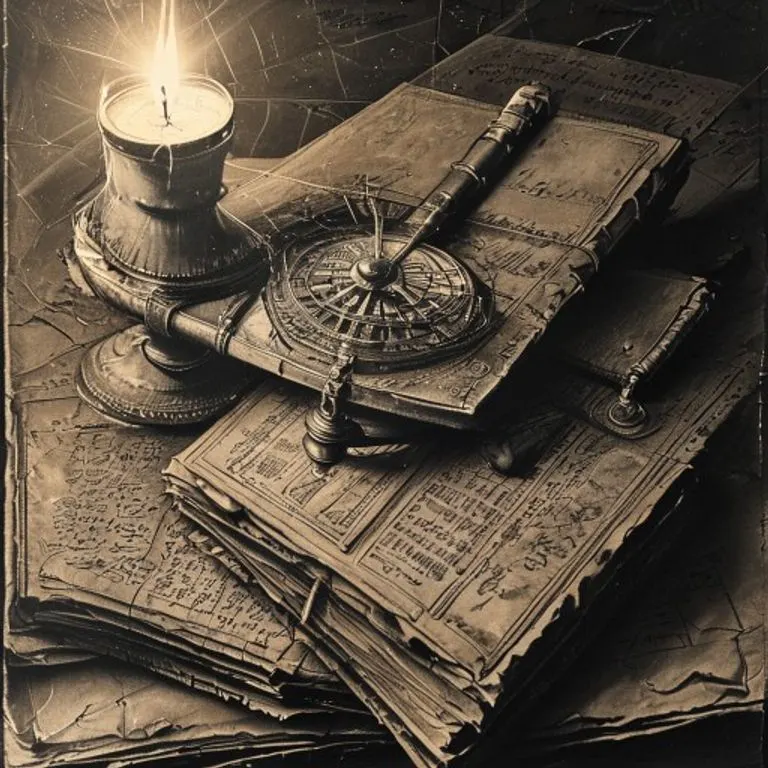 Vintage engraving of an astrolabe on old astrological texts, illuminated by candlelight.