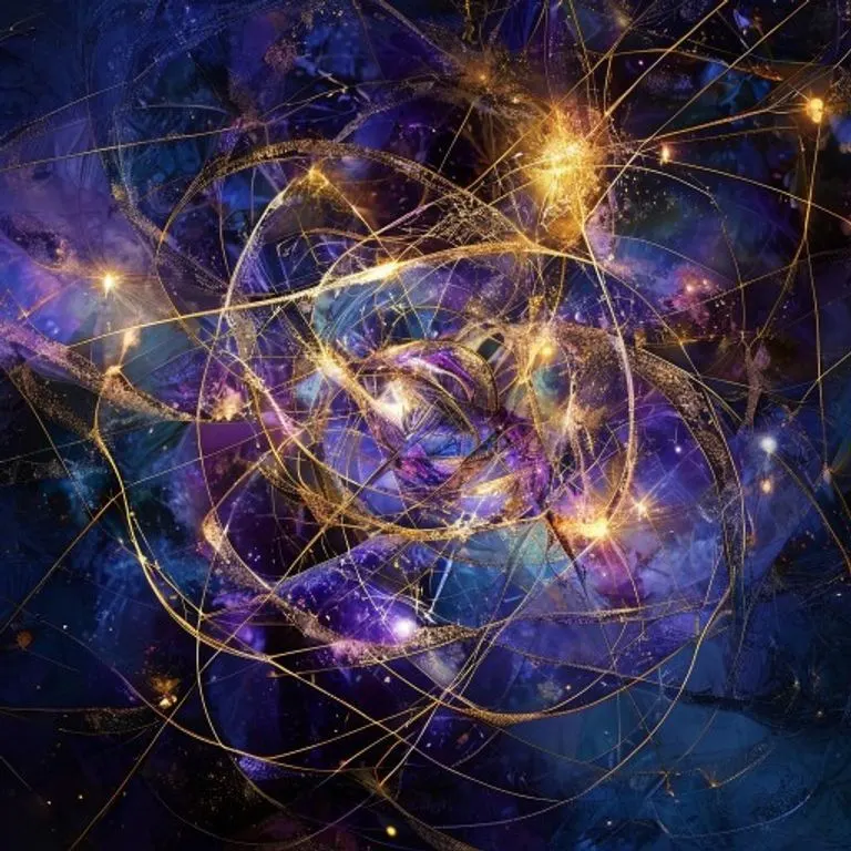 Conceptual digital art of intertwined cosmic threads forming a complex web, representing celestial and human interconnectedness.