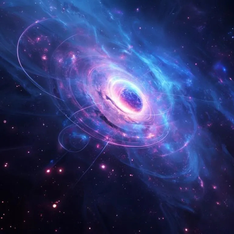 Abstract cosmic dust swirling around glowing planetary orbits, 3D digital illustration