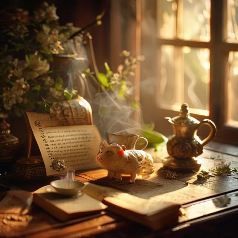 Cinematic still life of a luxurious, antique wooden desk adorned with a half-written manuscript, a steaming cup of jasmine tea, and a small, intricately carved jade pig figurine. Soft, warm light from a nearby window illuminates the scene, suggesting comfort and intellectual pursuit.