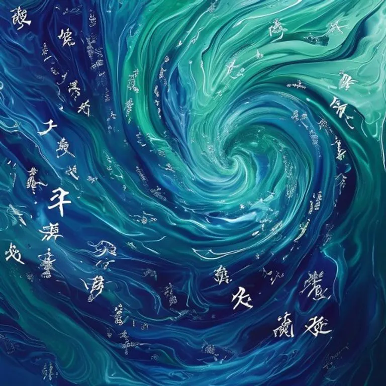 Abstract conceptual art, a swirling vortex of deep blue and emerald green hues, representing the fluidity and depth of the Water element. Interspersed within the currents are subtle, glowing outlines of ancient Chinese characters symbolizing wisdom and empathy, with no discernible objects.
