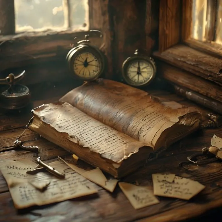 A vintage leather-bound journal open on a wooden desk, surrounded by old letters and a bronze key, illuminated by soft window light, symbolizing the Dog's enduring impact and legacy.
