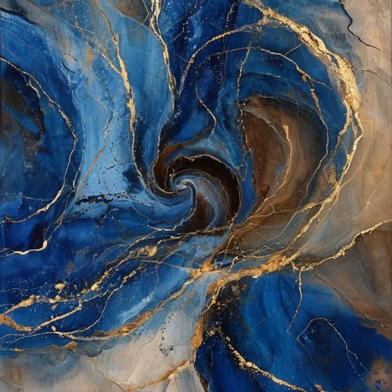 Abstract art featuring dynamic swirls of deep blues and earthy browns, interwoven with golden threads, symbolizing the protective energy, wisdom, and steadfastness of the Dog sign.
