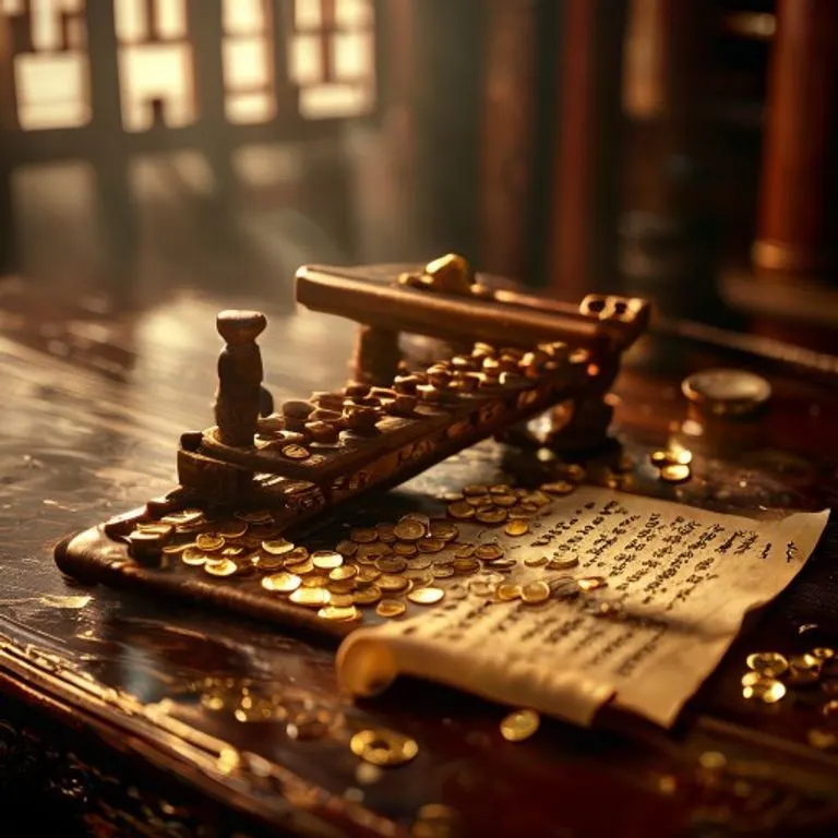 Cinematic still life of an antique Chinese abacus with scattered gold coins and a calligraphy parchment on a dark wood table, lit dramatically.