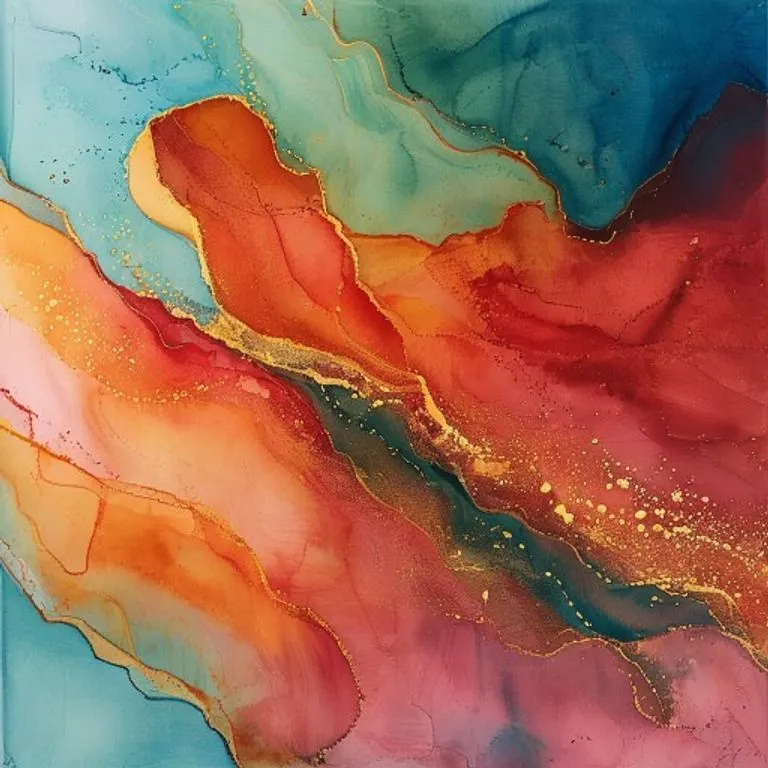Watercolor painting in vibrant reds and golds forming an abstract, proud silhouette against a serene blue and green background, representing the Rooster's essence.