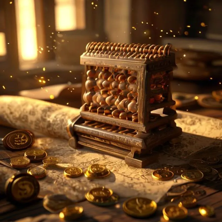 3D rendered still life of an ancient Chinese abacus on parchment with gold coins, symbolizing financial acumen.