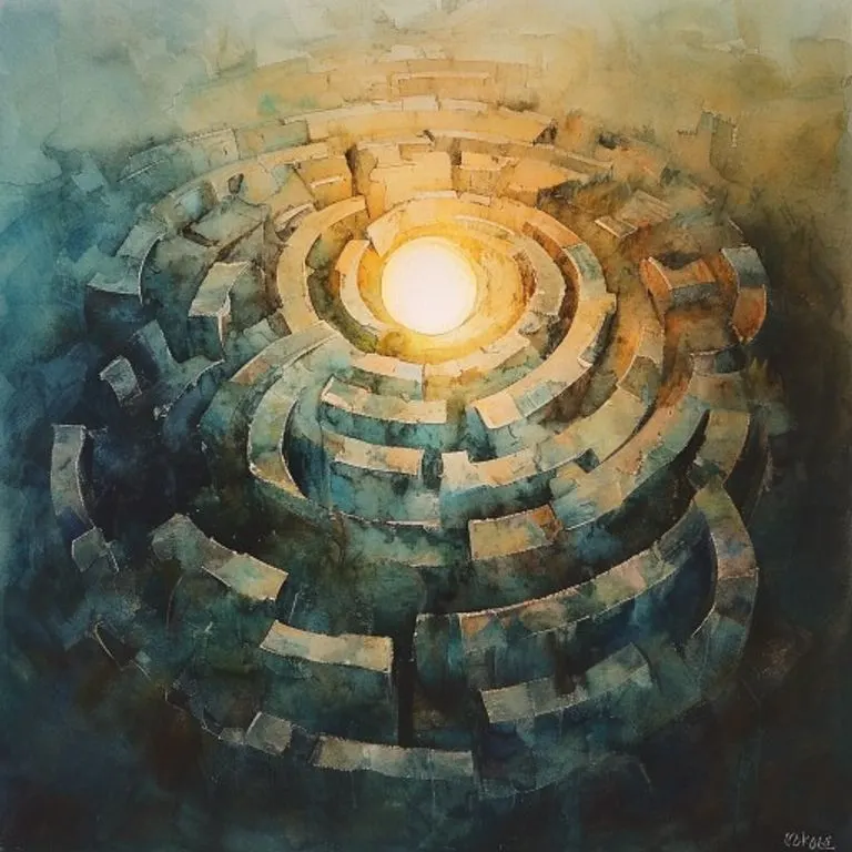 Watercolor painting of an intricate labyrinth with a glowing orb, symbolizing problem-solving and the complex mind.