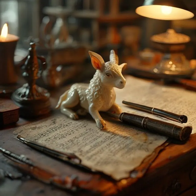 Antique wooden desk with a half-finished manuscript, quill pen, and jade goat figurine.