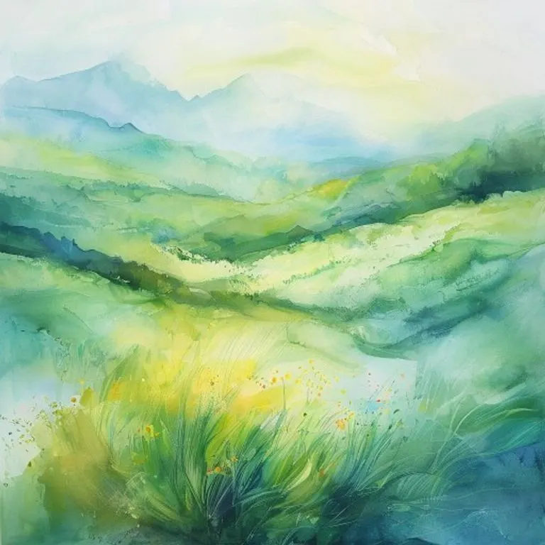 Vibrant watercolor painting of a tranquil meadow with distant mountains.