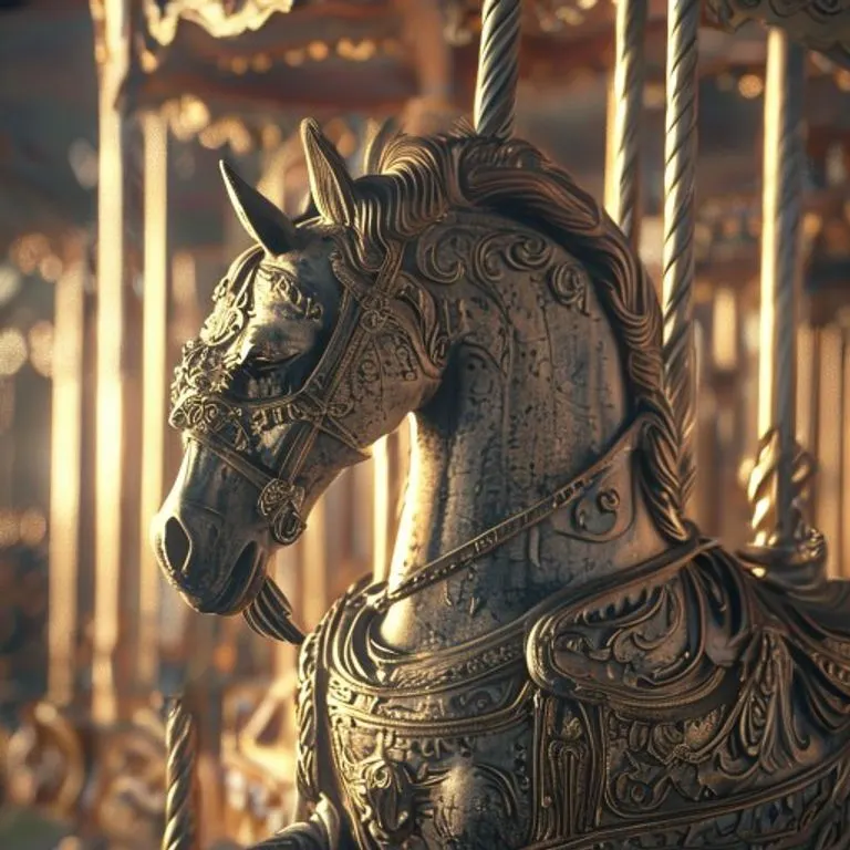 An antique wooden horse carousel figure, intricately carved and painted, symbolizing enduring spirit and cycles.