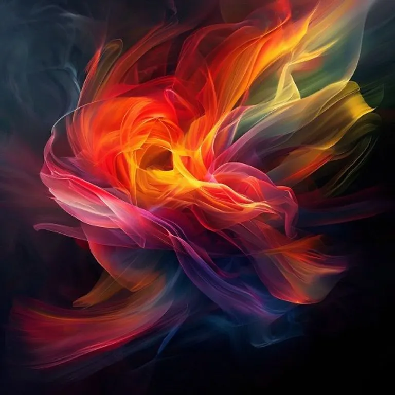 Abstract conceptual art with vibrant swirls of red, orange, and yellow, forming fluid, energetic lines against a dark background.