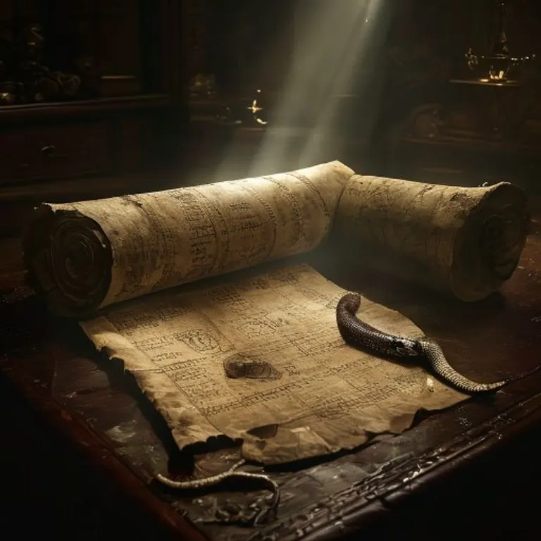 Weathered, antique scroll unfurling on a dark mahogany desk, illuminated by a single beam of light, revealing cryptic symbols and a delicate, shed snakeskin.