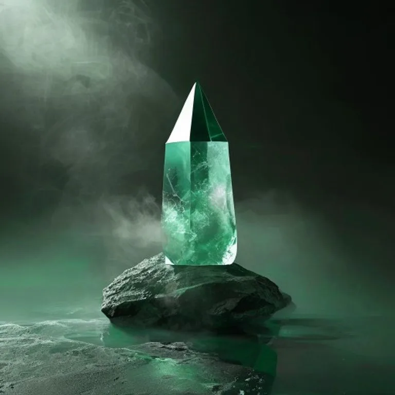 Minimalist composition featuring a translucent, emerald-green crystal prism reflecting fractured light onto a smooth, dark stone, surrounded by ethereal mist.