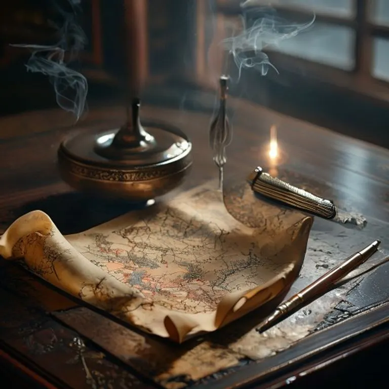 An antique scroll, partially unfurled, depicting a stylized map of ancient China, resting on a dark, polished wooden desk. Beside it, a bronze incense burner emits a wisp of smoke, and a single, ornate calligraphy brush lies across a small ink stone. The scene is lit by a soft, dramatic glow, emphasizing historical significance and intellectual pursuit.