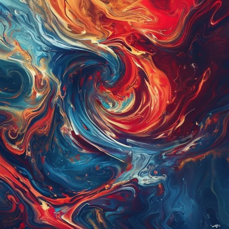A vibrant, abstract representation of elemental forces converging. Swirling patterns of deep blues, fiery reds, earthy browns, and metallic silvers intertwine, suggesting transformation and cosmic energy. No discernible objects, just pure, dynamic color and motion.