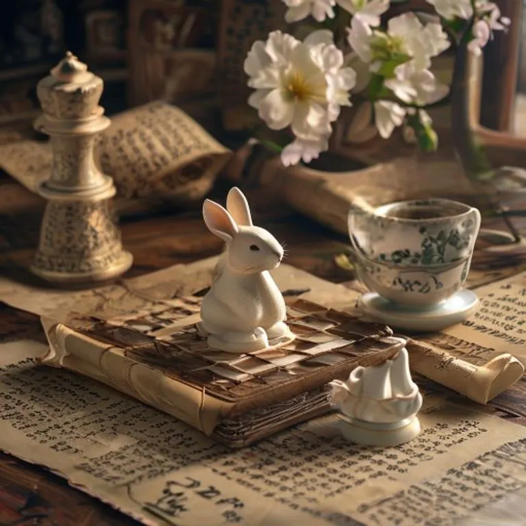 Cinematic still life of an aged wooden chessboard with a white rabbit chess piece, surrounded by ancient scrolls and a jasmine bloom, symbolizing the Rabbit's enduring legacy.
