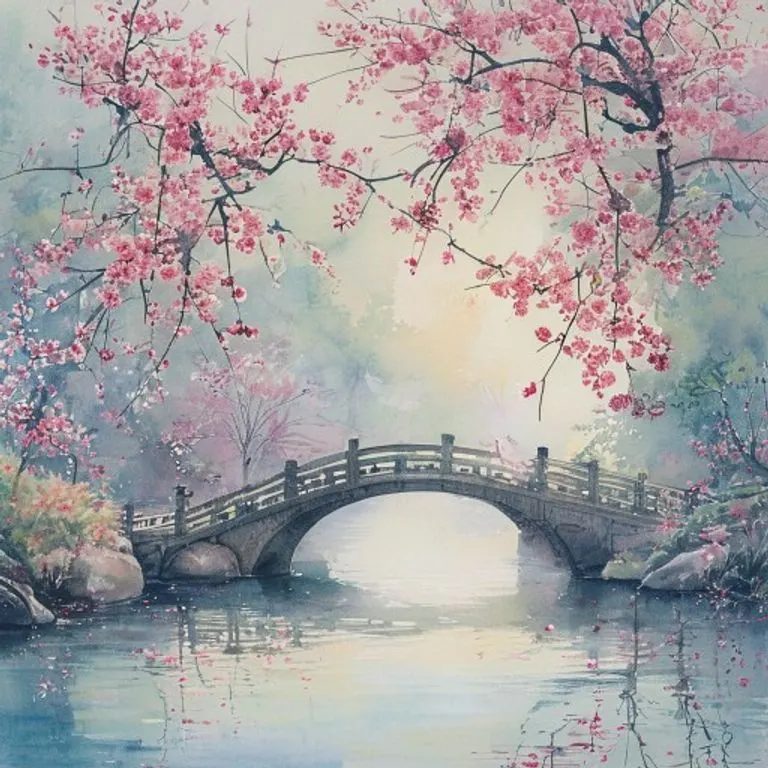 Watercolor painting of a serene traditional Chinese garden at dawn, with cherry blossoms reflecting in a pond and a subtle rabbit silhouette, evoking peace and natural beauty.