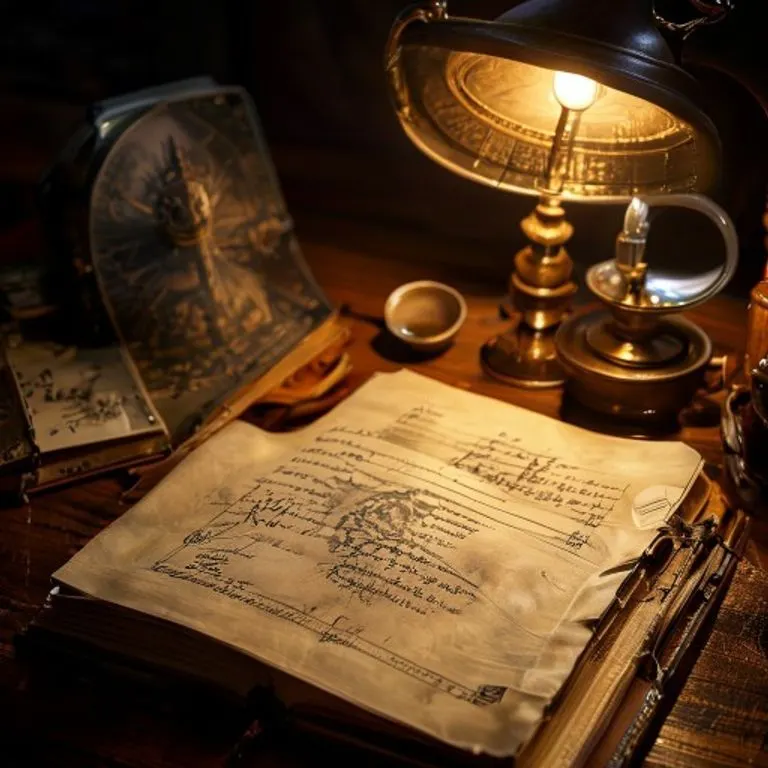 A vintage, well-worn leather journal open to a page with bold, handwritten notes and sketches of adventurous landscapes, a compass, and a half-empty teacup, all bathed in the warm glow of a desk lamp, symbolizing the Tiger's adventurous spirit and intellectual curiosity.