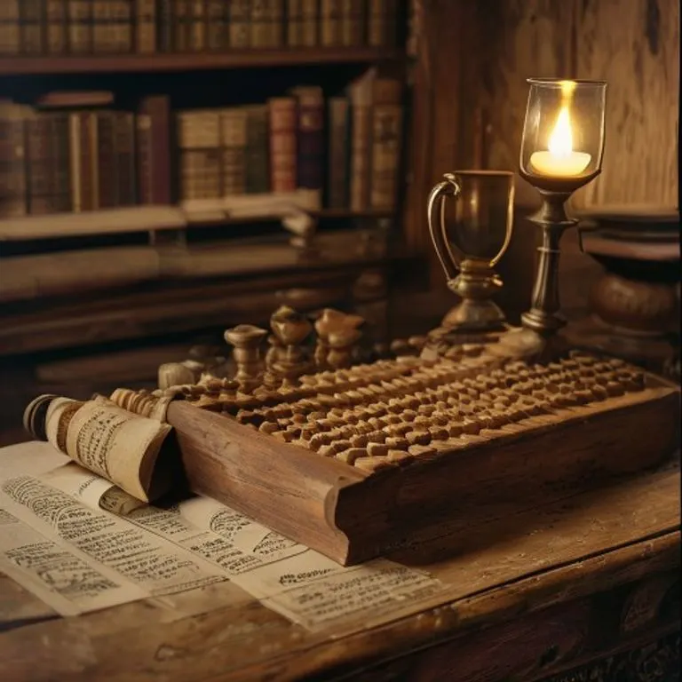 Close-up of an antique wooden abacus on a desk with scrolls, symbolizing methodical work.