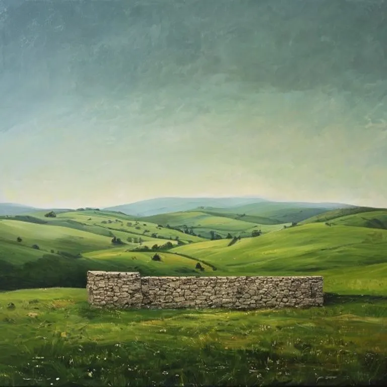 Oil painting of an ancient stone wall in a serene pastoral landscape, symbolizing resilience.