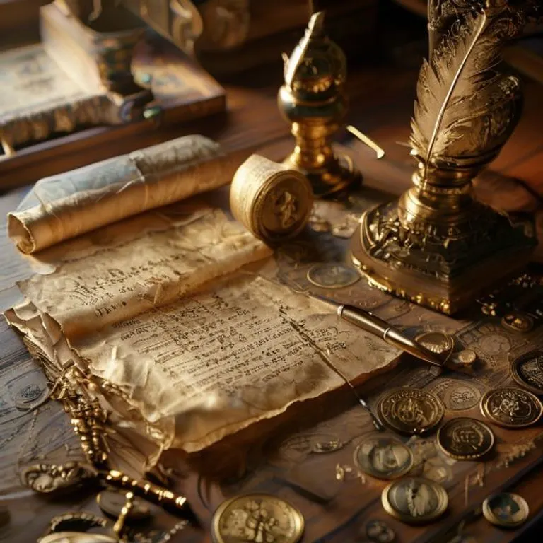 A detailed still life of an open parchment scroll with astrological symbols, surrounded by an abacus and ancient Chinese coins, illustrating the Rat's association with prosperity and meticulous planning.
