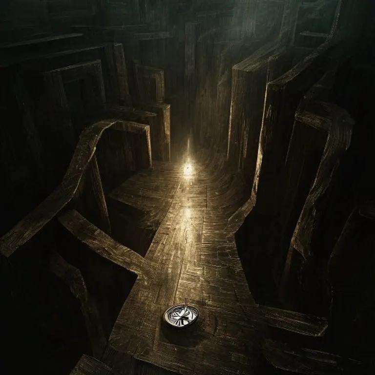 A conceptual art piece depicting an intricate labyrinth with a central light source and a compass at the entrance, symbolizing the Rat's intuitive navigation through life's challenges.