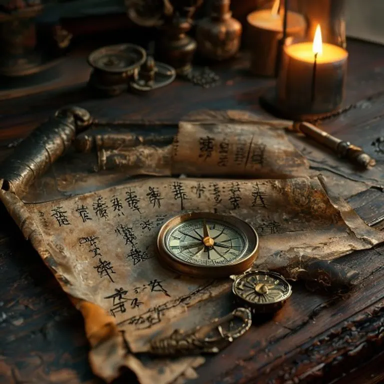 Aged astrological tools, a silk scroll with Chinese characters, and a compass on a wooden desk.