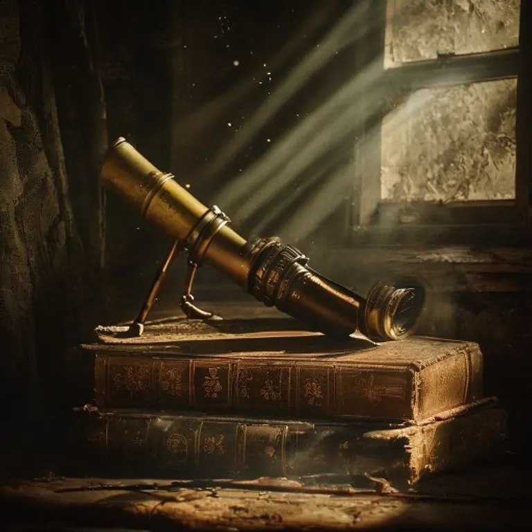 Cinematic Still Life of an antique brass telescope resting on a stack of aged, leather-bound astrology books, illuminated by a single beam of moonlight filtering through a dusty window, subtle dust motes, rich textures, deep shadows, warm sepia tones.