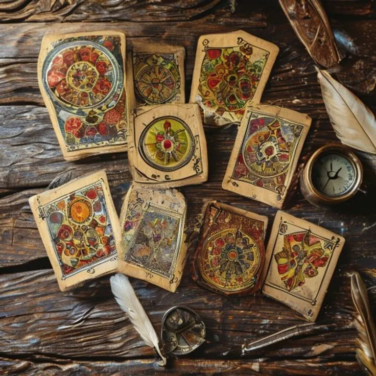 Vintage photographic still life of various historical playing card decks, including a Ganjifa deck, antique Spanish cards, and Tarot de Marseille cards, arranged on a rustic wooden table with an old compass and quill.
