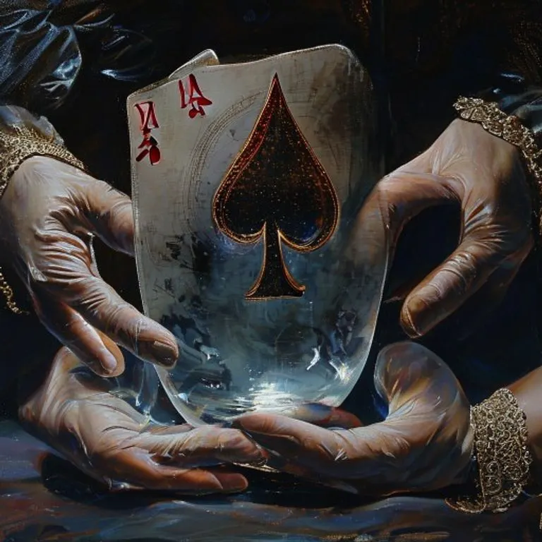 Oil painting depicting a close-up of an ornate playing card, such as a Queen of Spades, held by elegant gloved hands over a glowing crystal ball, with mystical energies swirling around it.