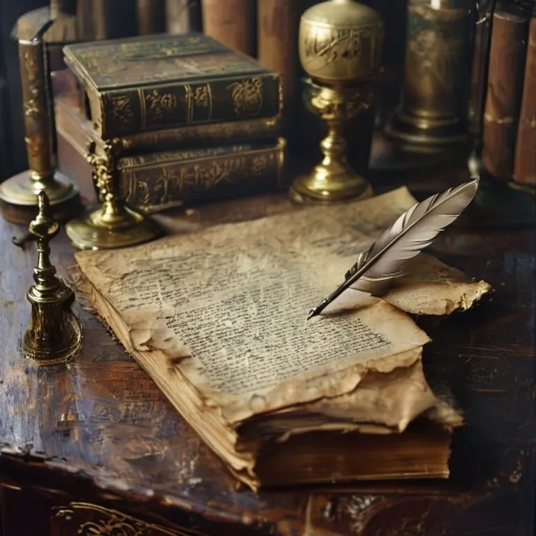 Vintage photograph of antique occult books, a quill pen, and a rolled parchment on a dark wooden desk, with a brass astrolabe, symbolizing historical research into esoteric traditions.