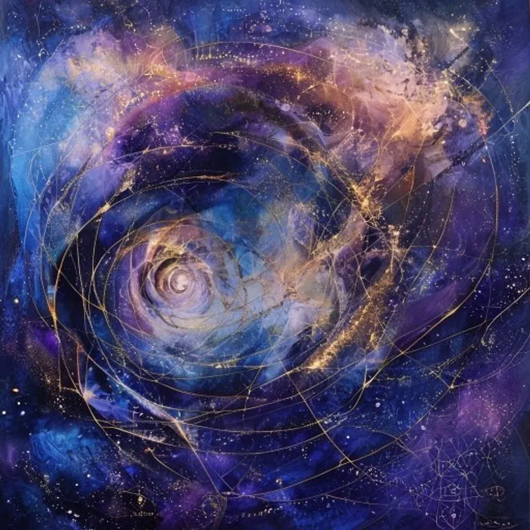 Abstract conceptual art digital painting showing swirling cosmic energies in deep blues, purples, and golds, forming interconnected geometric patterns, symbolizing the collective unconscious and archetypal patterns without human figures or specific cards.