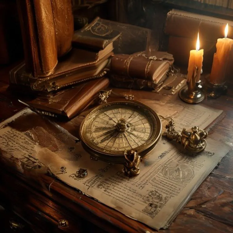 Cinematic Still Life: An antique brass astrolabe resting on a mahogany desk, surrounded by leather-bound astrological texts, a quill, and a half-burnt candle, evoking a sense of ancient wisdom and meticulous study. The scene is dimly lit, with soft shadows and a warm, inviting glow.