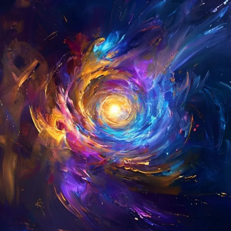 Abstract Conceptual Art: A swirling vortex of vibrant, ethereal colors – deep blues, purples, and golds – converging towards a central, glowing orb, symbolizing the complex and interconnected energies of self-discovery and destiny. Dynamic brushstrokes and light effects create a sense of movement and profound mystery.