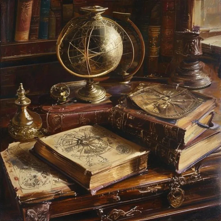 Oil painting of antique astrological instruments, including an armillary sphere, a leather-bound book, and a compass, on a dark wooden table with warm light.