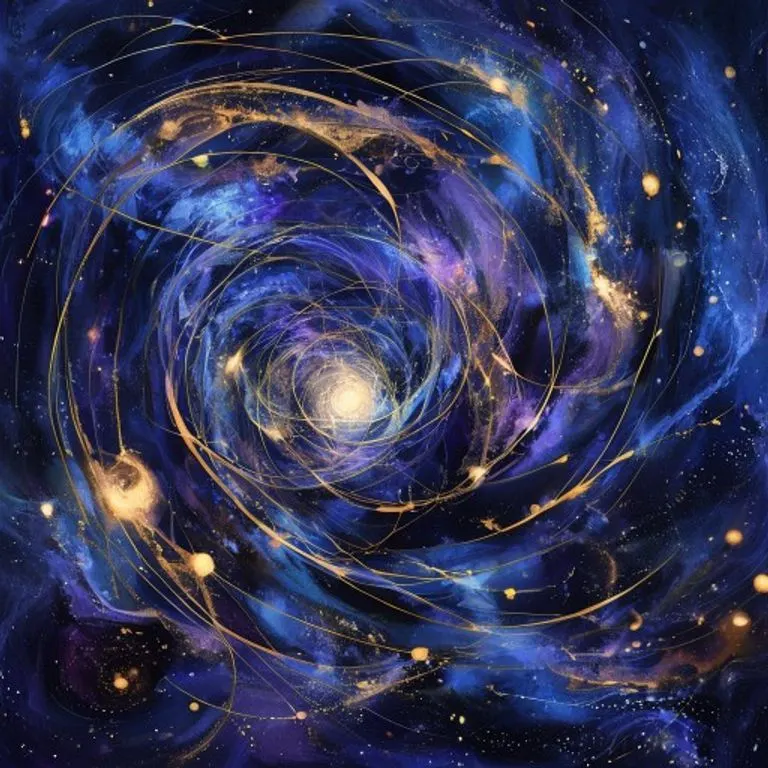Abstract digital illustration depicting interconnected cosmic energies, swirling nebulae of blues and purples with subtle golden lines representing planetary orbits.