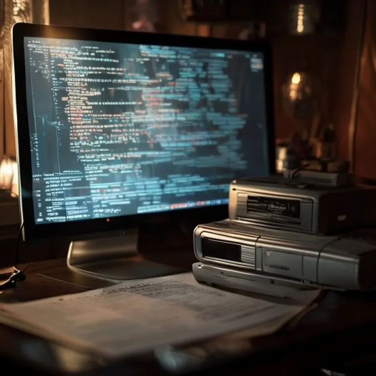 Cinematic still life of a vintage desktop setup with a blurred computer screen displaying abstract data streams. A legal document with a 'PRIVACY' stamp is partially visible on the desk, alongside a retro-futuristic data storage device. Soft, dramatic lighting, deep shadows.