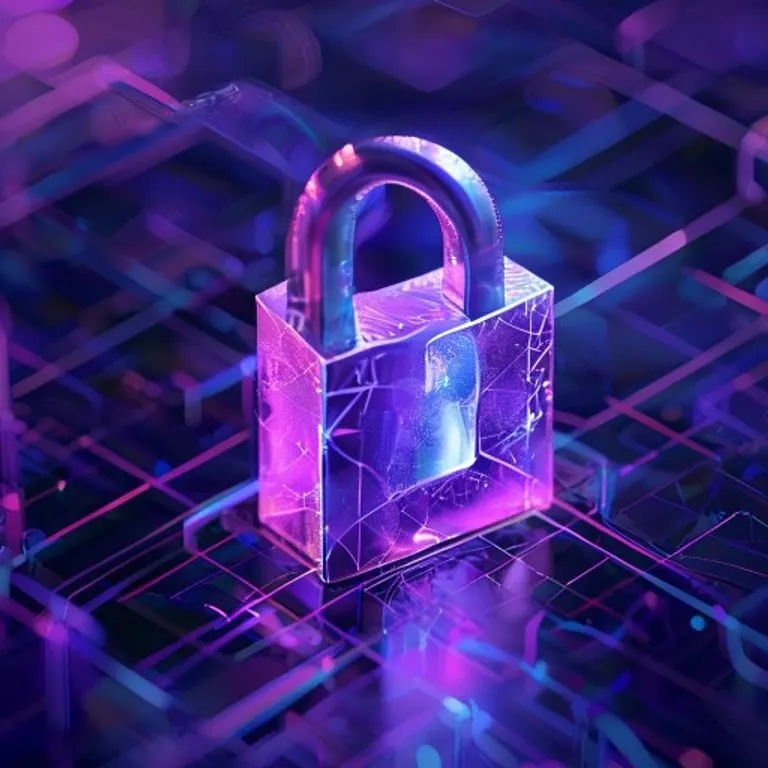 3D render of a stylized, glowing padlock icon seamlessly integrated into a complex, abstract network of data lines and geometric shapes. The padlock symbolizes data security within a digital landscape. Isometric view, vibrant purple and cyan tones.