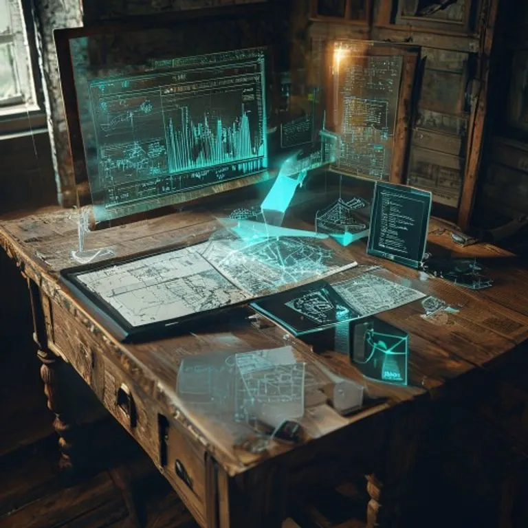 Escritorio antiguo con una proyección holográfica de un mapa de datos complejos, rodeado de planos y una tableta moderna, simbolizando la evolución de los sistemas inteligentes.