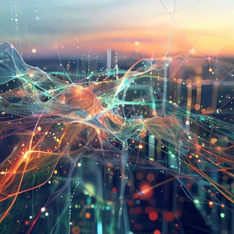 Representación abstracta de datos fluyendo a través de una red neuronal, con hilos luminosos y entrelazados formando una estructura orgánica compleja, sobre un fondo de ciudad borrosa al atardecer.