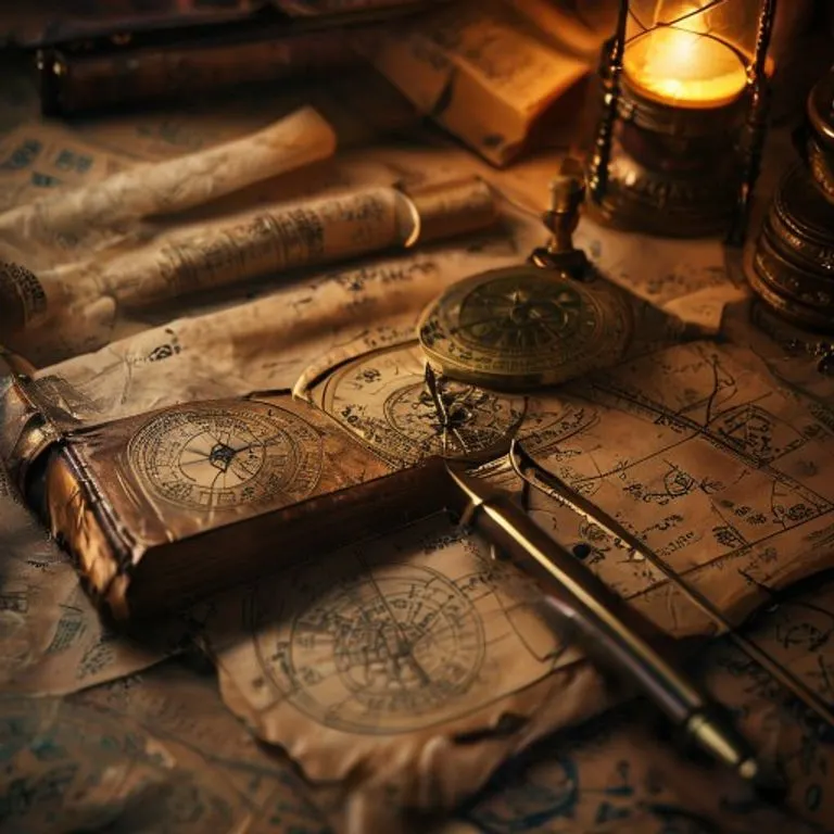 Bodegón cinematográfico de un astrolabe de latón antiguo sobre un libro de astrología, con pergaminos y un reloj de arena, iluminado por luz cálida.