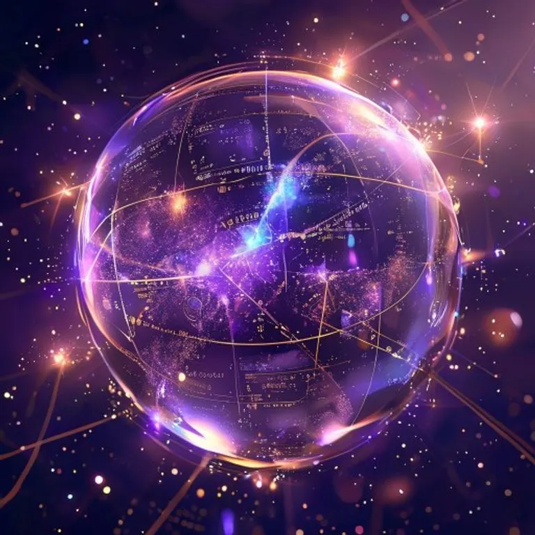 Renderizado 3D de una esfera translúcida con líneas cósmicas y partículas de luz, representando energías y oportunidades astrológicas.